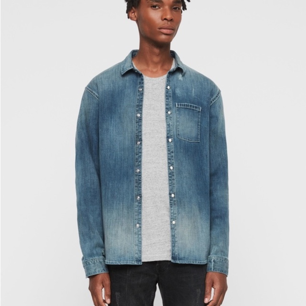 All Saints Imcro Denim LS Pearl Snap Button Down Shirt